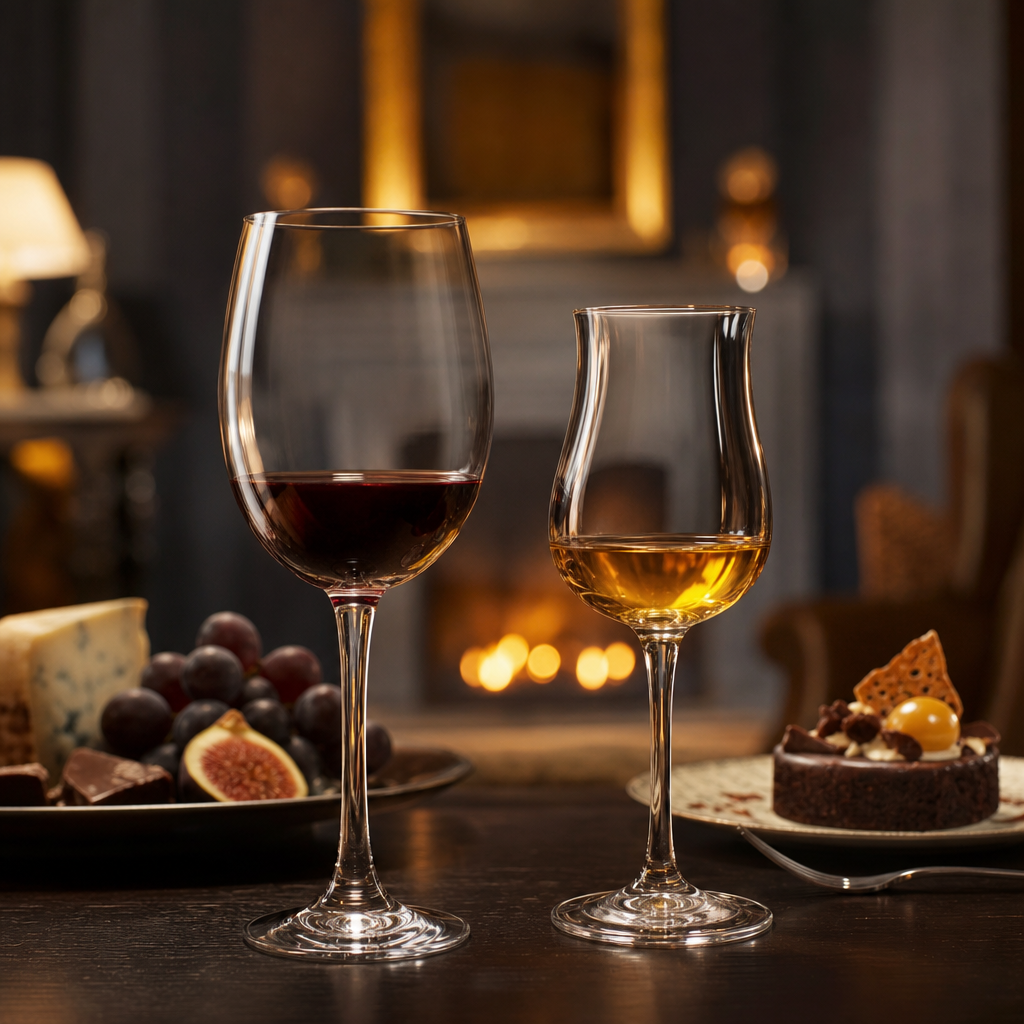 Un verre de porto et un verre de liqueur en conclusion sucrée d'une dégustation à domicile