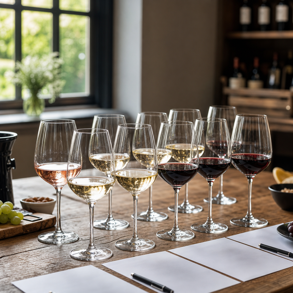 Douze verres à vin prêts pour une dégustation de vin à domicile